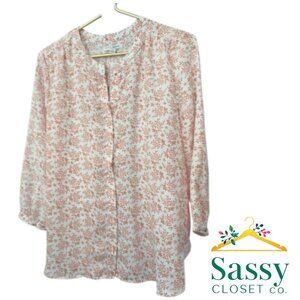 Jachs Girlfriend NY White Brown Floral Blouse Split Neck Pintuck Hem Size M EUC